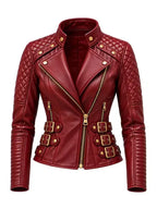 Women's Quilted Maroon Leather Biker Asymmetric Zip Jacket