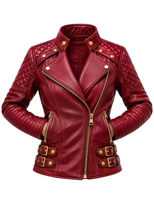 Women's Quilted Maroon Leather Biker Asymmetric Zip Jacket