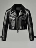 Women's Black Cropped Crocodile Leather Biker Jacket