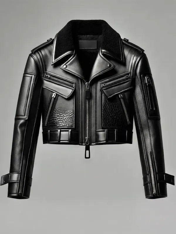 Women's Black Cropped Crocodile Leather Biker Jacket