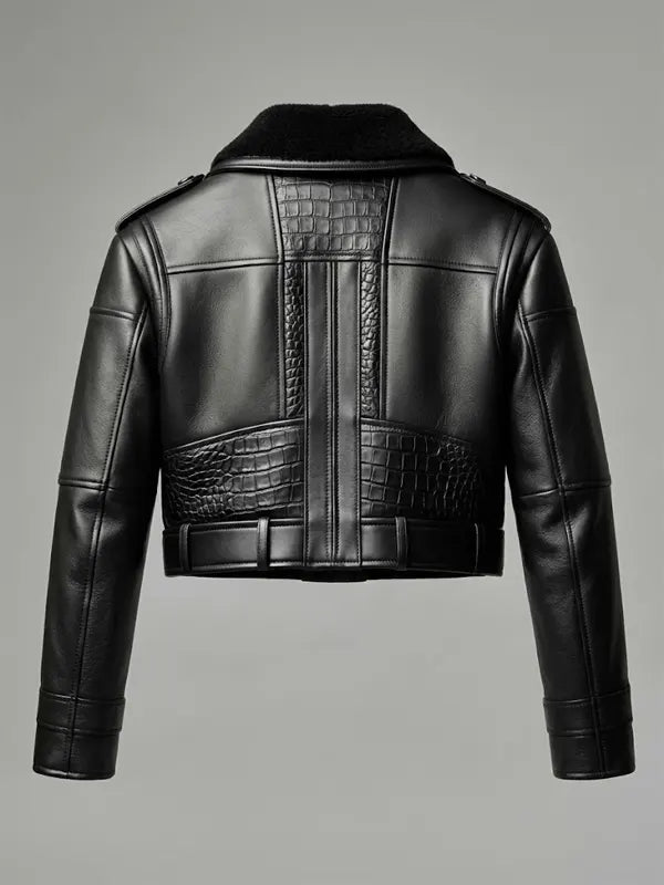 Women's Black Cropped Crocodile Leather Biker Jacket