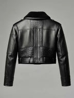 Women's Black Cropped Crocodile Leather Biker Jacket