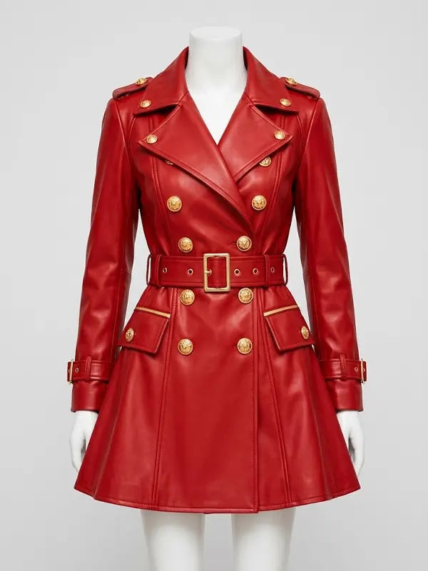 Women's Red Leather Trench Coat - Double Breasted with Gold Buttons