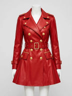 Women's Red Leather Trench Coat - Double Breasted with Gold Buttons