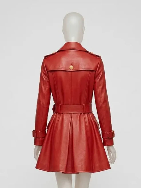 Women's Red Leather Trench Coat - Double Breasted with Gold Buttons