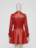 Women's Red Leather Trench Coat - Double Breasted with Gold Buttons
