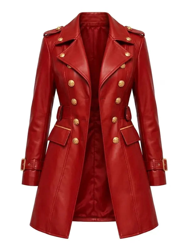 Women's Red Leather Trench Coat - Double Breasted with Gold Buttons