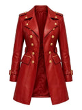 Women's Red Leather Trench Coat - Double Breasted with Gold Buttons