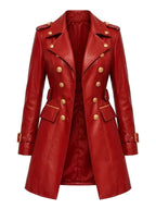 Women's Red Leather Trench Coat - Double Breasted with Gold Buttons
