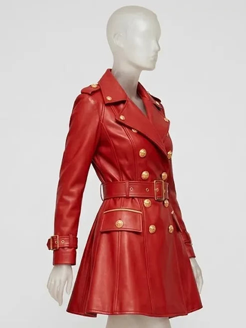 Women's Red Leather Trench Coat - Double Breasted with Gold Buttons