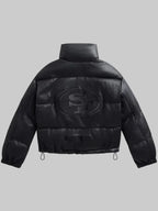 Womens-Black-San-Francisco-49ers-Faux-Leather-Puffer-Jacket-Back