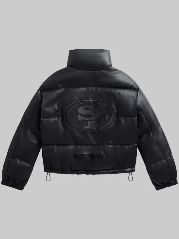 Womens-Black-San-Francisco-49ers-Faux-Leather-Puffer-Jacket-Back