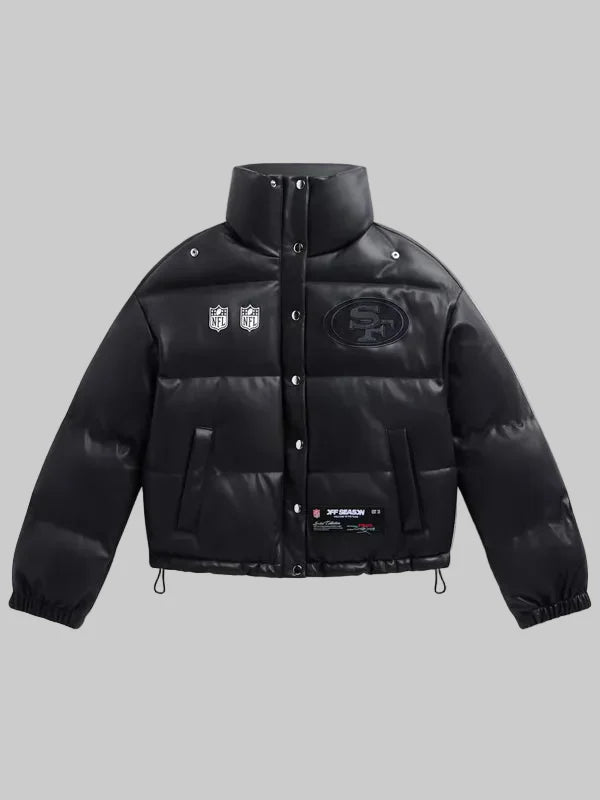Womens-Black-San-Francisco-49ers-Faux-Leather-Puffer-Jacket