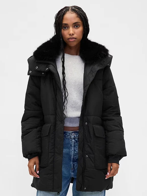 Womens-GAP-Faux-Fur-Trim-Midi-Puffer-Jacket