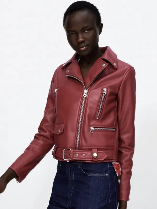 Zara Red Leather Biker Jacket