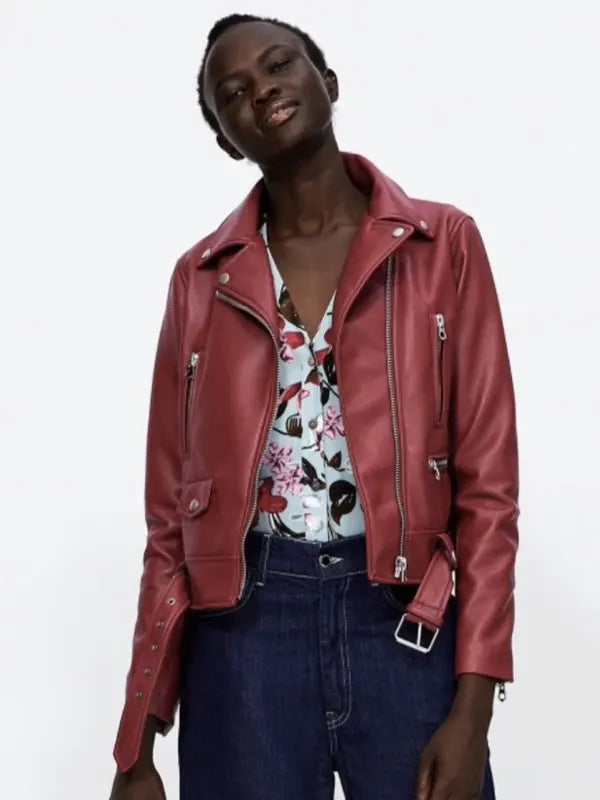 Zara Red Leather Biker Jacket