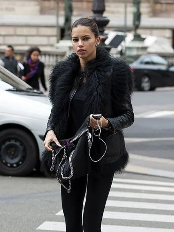 Adriana Lima Black Fur Coat
