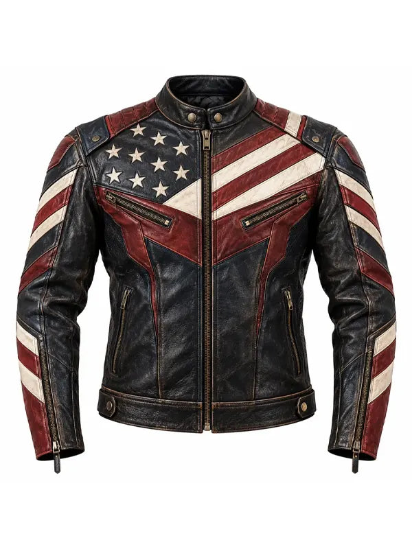 American Flag Jacket Distressed Leather Biker Jacket