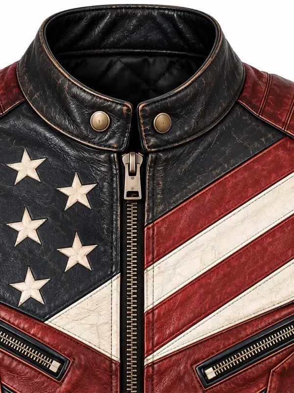 American Flag Jacket Distressed Leather Biker Jacket