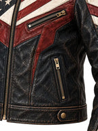 American Flag Jacket Distressed Leather Biker Jacket