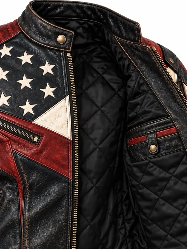 American Flag Jacket Distressed Leather Biker Jacket