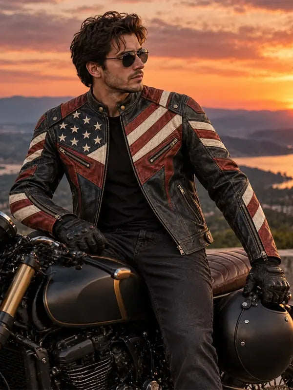 American Flag Jacket Distressed Leather Biker Jacket