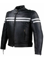 Black Vintage Biker Leather Jacket With White Stripes