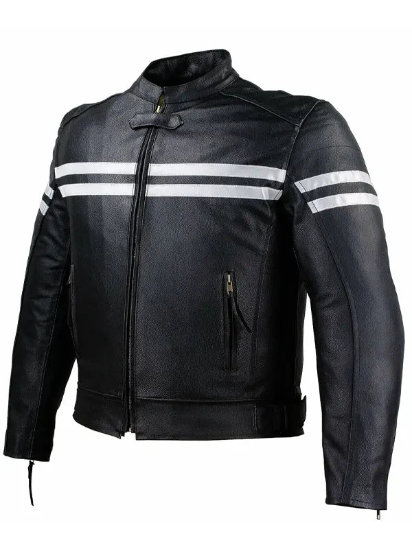 Black Vintage Biker Leather Jacket With White Stripes