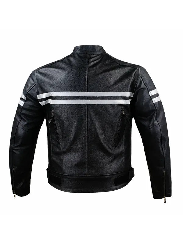 Black Vintage Biker Leather Jacket With White Stripes