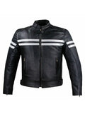 Black Vintage Biker Leather Jacket With White Stripes