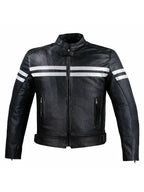 Black Vintage Biker Leather Jacket With White Stripes