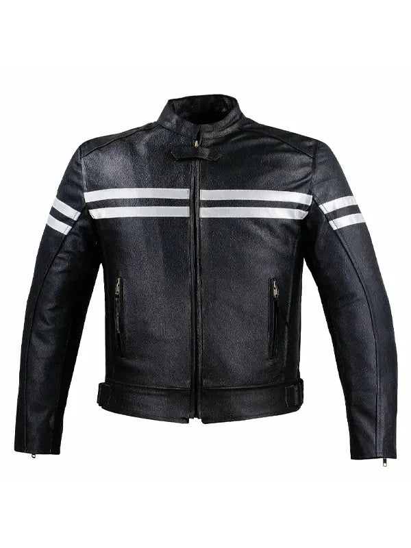 Black Vintage Biker Leather Jacket With White Stripes
