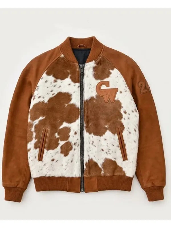 Brown Cow Print Leather Bomber Jacket