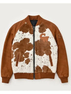 Brown Cow Print Leather Bomber Jacket