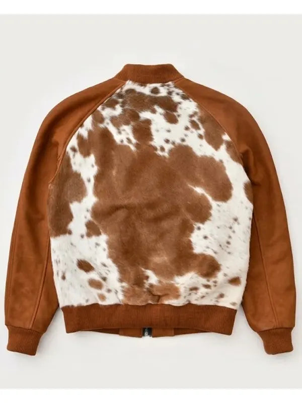 Brown Cow Print Leather Bomber Jacket