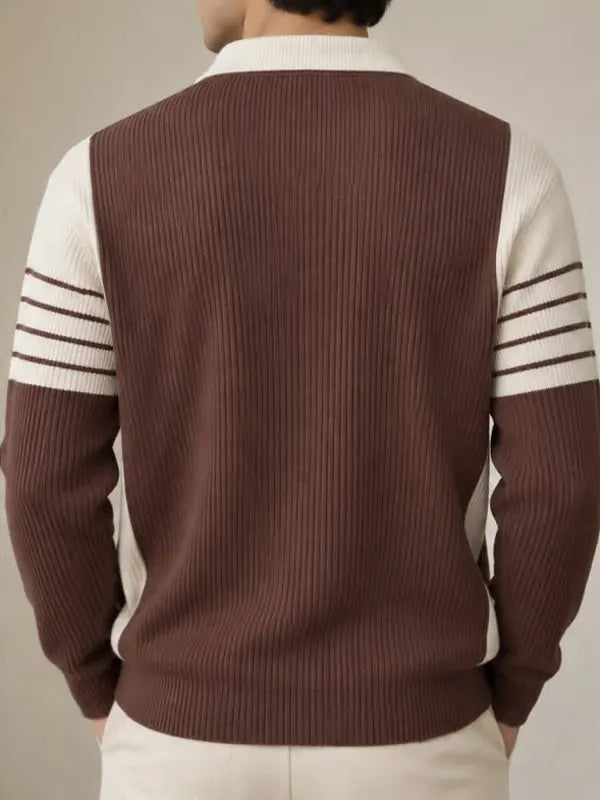 Brown & Cream Ribbed Knit Half-Zip Polo Shirt