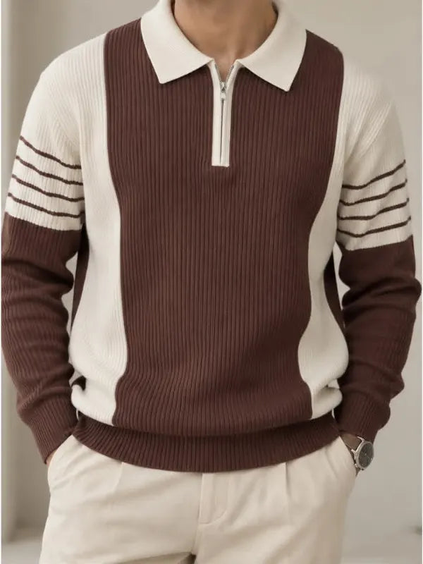 Brown & Cream Ribbed Knit Half-Zip Polo Shirt