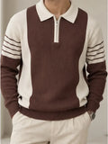 Brown & Cream Ribbed Knit Half-Zip Polo Shirt