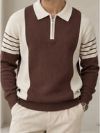 Brown & Cream Ribbed Knit Half-Zip Polo Shirt