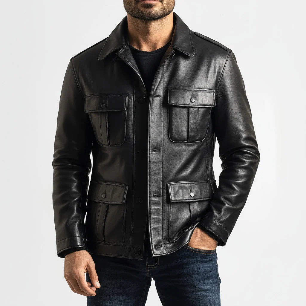 Urban Slim Fit 4-Pocket Leather Utility Jacket