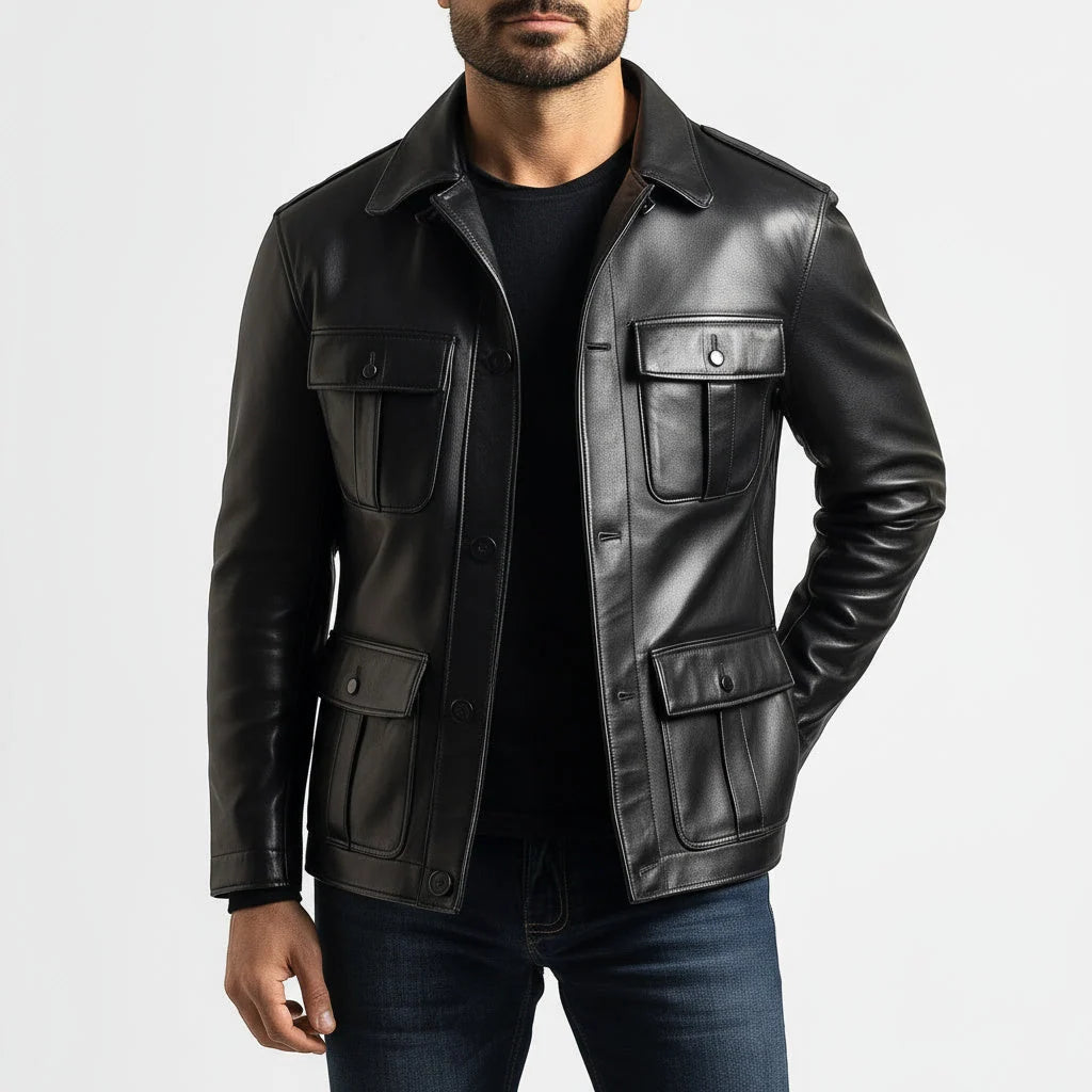 Urban Slim Fit 4-Pocket Leather Utility Jacket