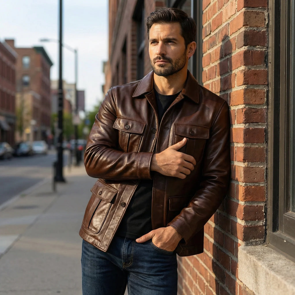 Urban Slim Fit 4-Pocket Leather Utility Jacket