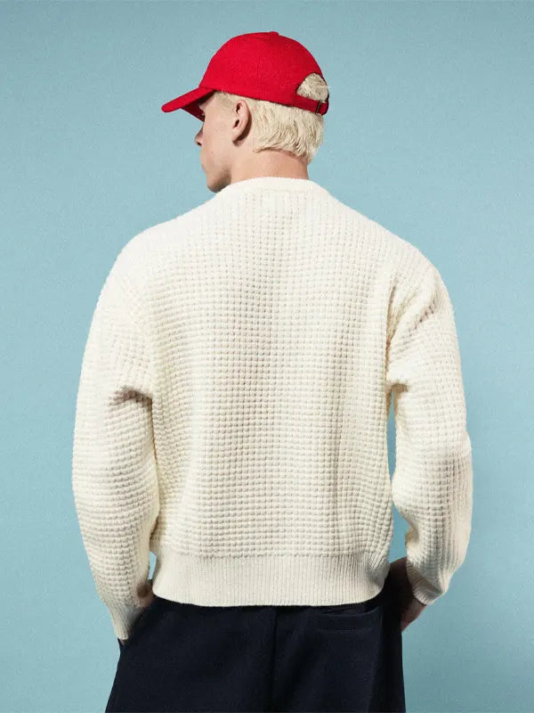 Embroidered Waffle-knit Round Neck Jumper