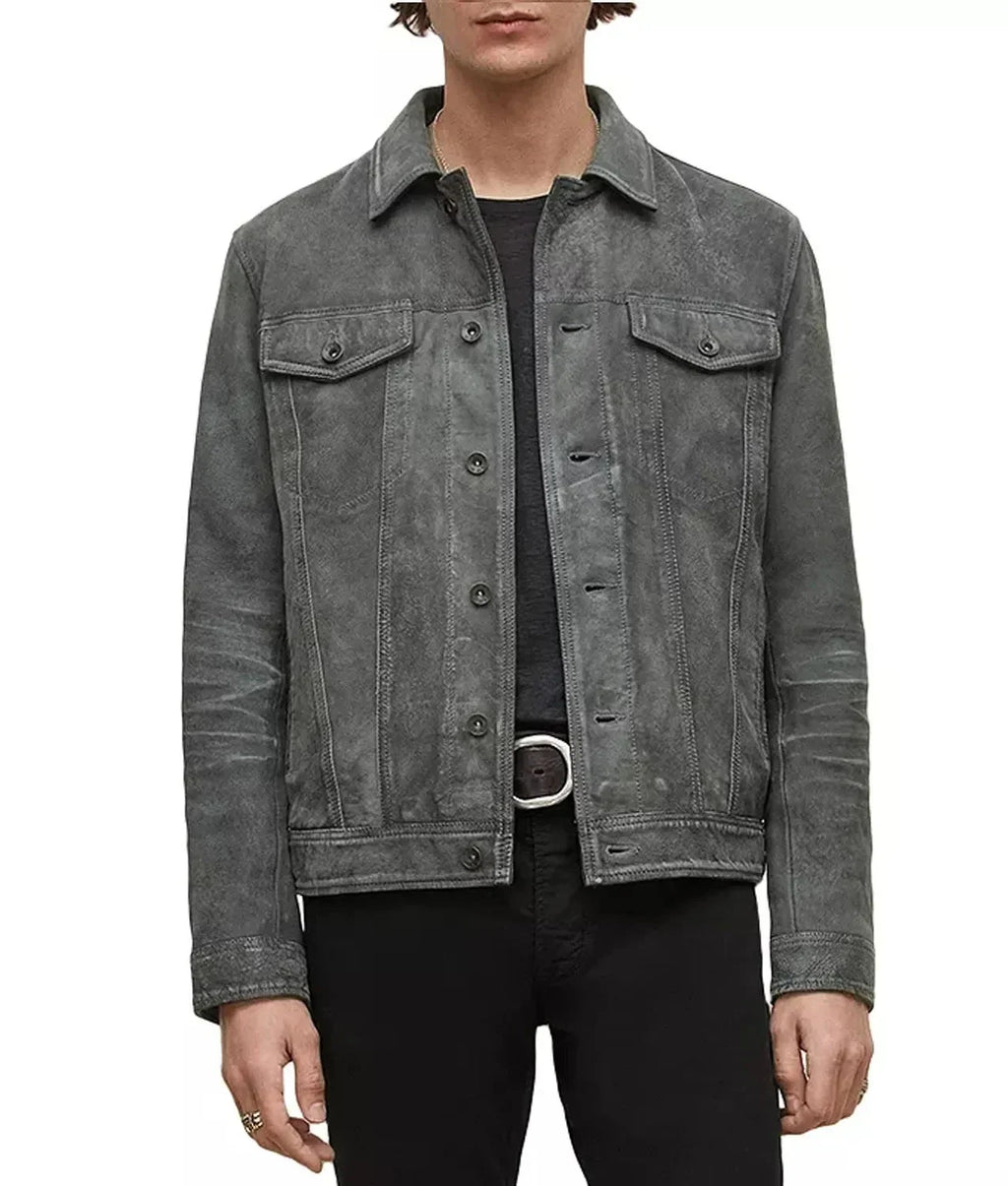 Trucker Suede Leather Jacket Men, Grey Zing Apparel