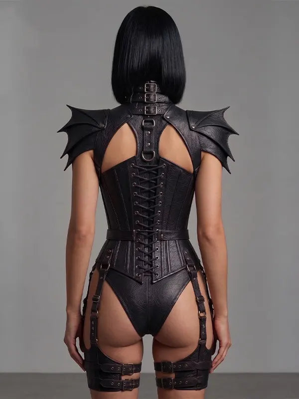 Gothic Faux Leather Corset Bodysuit With Bat Wing Armor