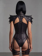 Gothic Faux Leather Corset Bodysuit With Bat Wing Armor