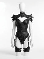Gothic Faux Leather Corset Bodysuit With Bat Wing Armor