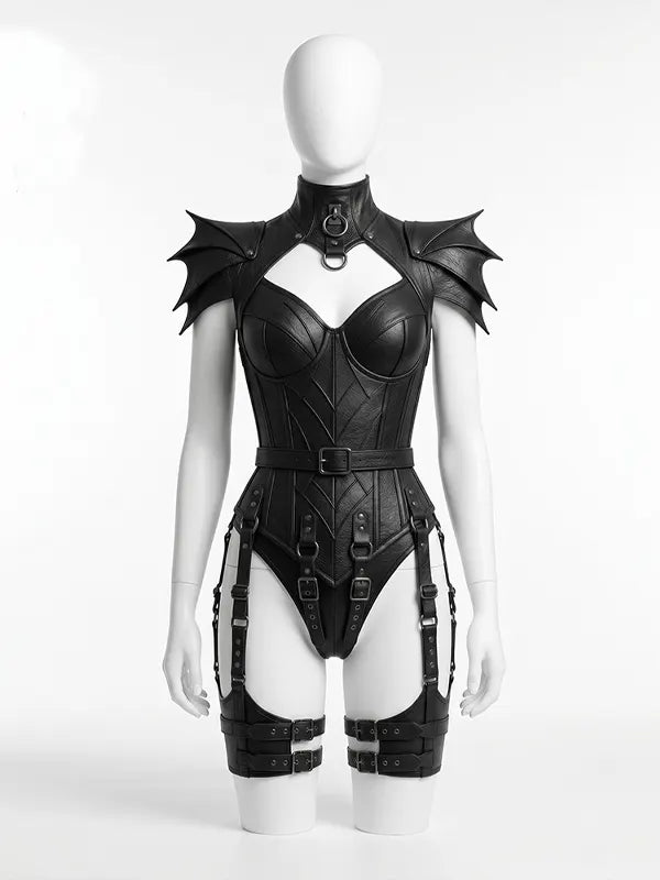 Gothic Faux Leather Corset Bodysuit With Bat Wing Armor