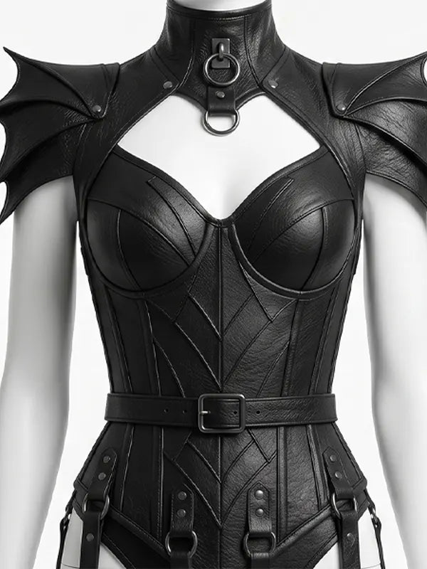 Gothic Faux Leather Corset Bodysuit With Bat Wing Armor