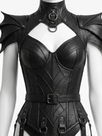 Gothic Faux Leather Corset Bodysuit With Bat Wing Armor